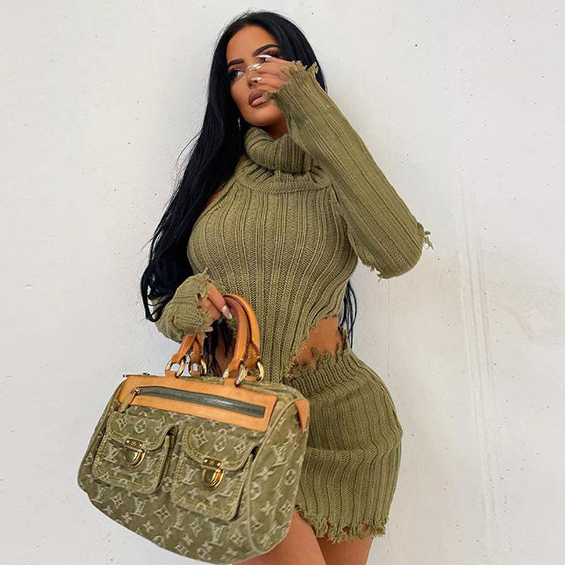 Solid Color High Neck Knitting Backless Sweater+Sexy Tight Bag Hip Skirt Two-Piece Set