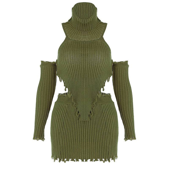 Solid Color High Neck Knitting Backless Sweater+Sexy Tight Bag Hip Skirt Two-Piece Set - Hot fashionista