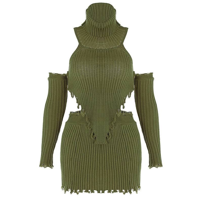 Solid Color High Neck Knitting Backless Sweater+Sexy Tight Bag Hip Skirt Two-Piece Set