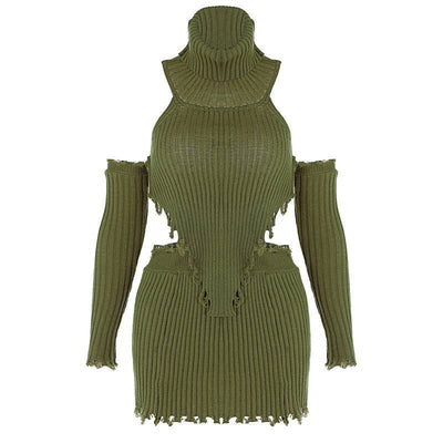 Solid Color High Neck Knitting Backless Sweater+Sexy Tight Bag Hip Skirt Two-Piece Set