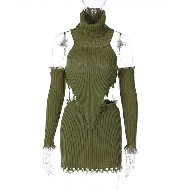 Solid Color High Neck Knitting Backless Sweater+Sexy Tight Bag Hip Skirt Two-Piece Set - Hot fashionista