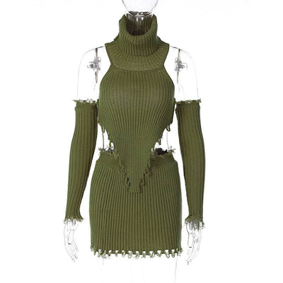 Solid Color High Neck Knitting Backless Sweater+Sexy Tight Bag Hip Skirt Two-Piece Set