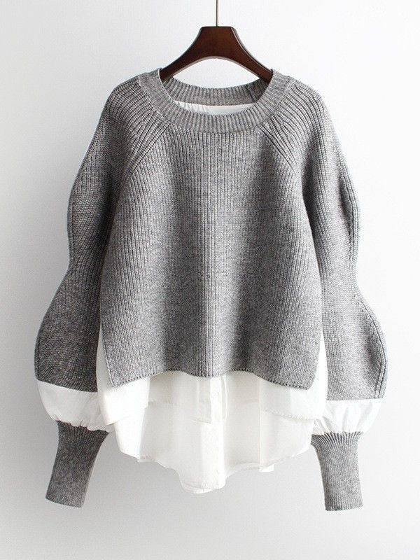 Shirt patchwork pullover sweater for women's autumn and winter vacation two-piece loose knit top, stylish lantern sleeves, versatile sweater - Hot fashionista