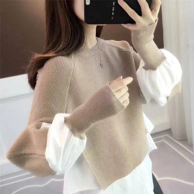 Shirt patchwork pullover sweater for women's autumn and winter vacation two-piece loose knit top, stylish lantern sleeves, versatile sweater - Hot fashionista