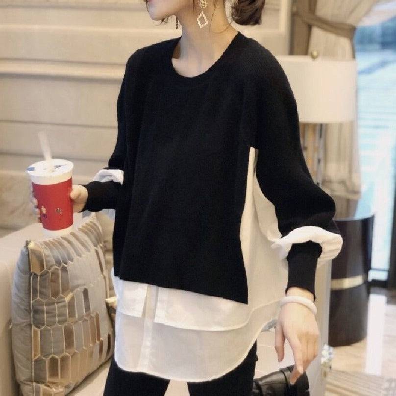 Shirt patchwork pullover sweater for women's autumn and winter vacation two-piece loose knit top, stylish lantern sleeves, versatile sweater - Hot fashionista