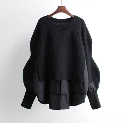 Shirt patchwork pullover sweater for women's autumn and winter vacation two-piece loose knit top, stylish lantern sleeves, versatile sweater