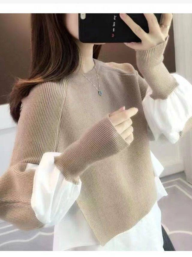 Shirt patchwork pullover sweater for women's autumn and winter vacation two-piece loose knit top, stylish lantern sleeves, versatile sweater - Hot fashionista