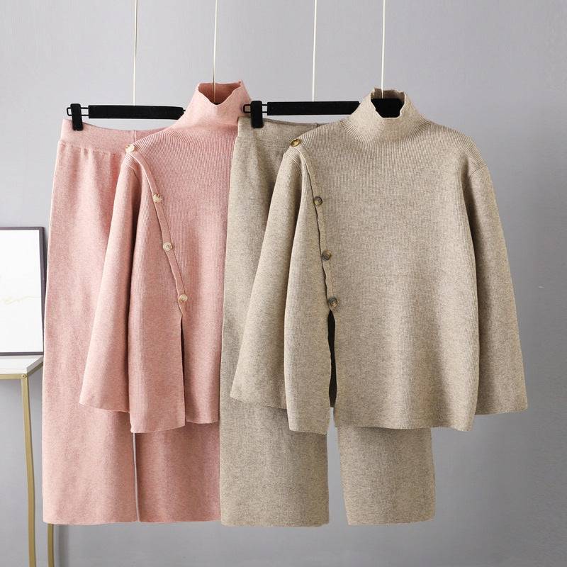 Small Design Stand Collar Split Knit High Neck Sweater Women's Winter Warm Casual Wide Leg Pants Two-Piece Set