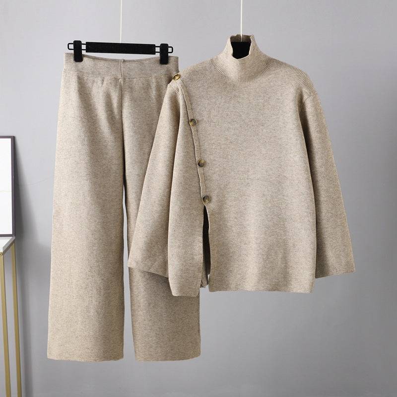 Small Design Stand Collar Split Knit High Neck Sweater Women's Winter Warm Casual Wide Leg Pants Two-Piece Set - Hot fashionista