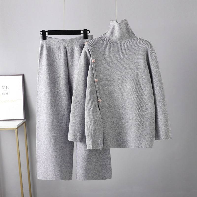 Small Design Stand Collar Split Knit High Neck Sweater Women's Winter Warm Casual Wide Leg Pants Two-Piece Set - Hot fashionista