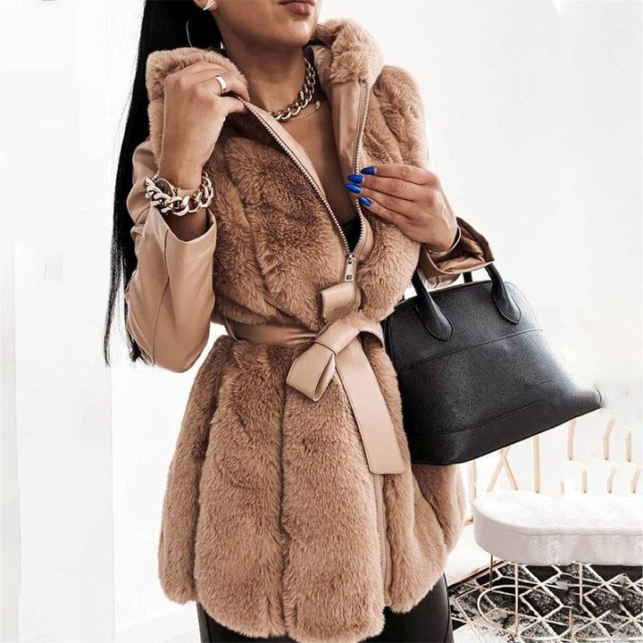 New faux fur jacket for women with belt and hood, solid color zippered jacket jacket - Hot fashionista