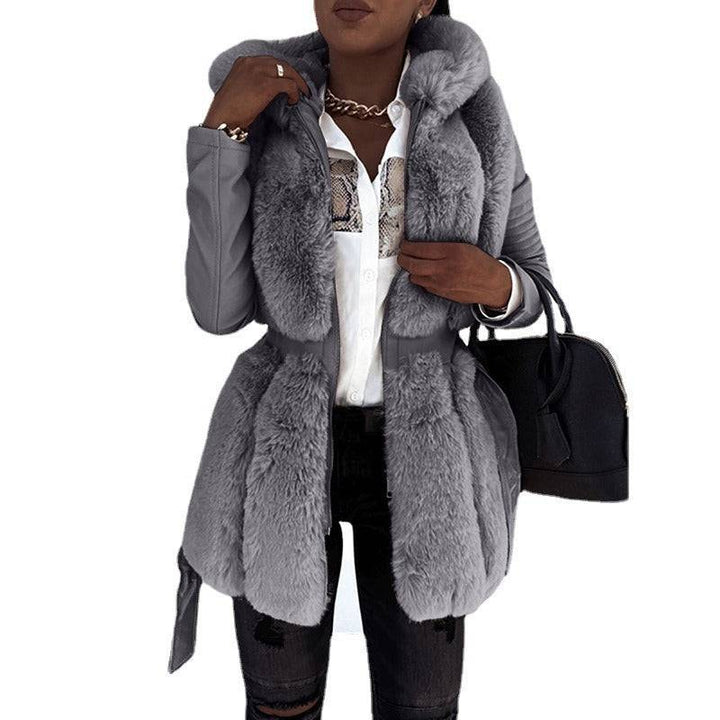 New faux fur jacket for women with belt and hood, solid color zippered jacket jacket - Hot fashionista