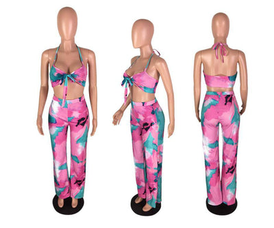 Conjunto de 2 piezas estilo playa sexy para mujer, estampado, cuello halter, sin tirantes, pantalón largo, conjunto ajustado