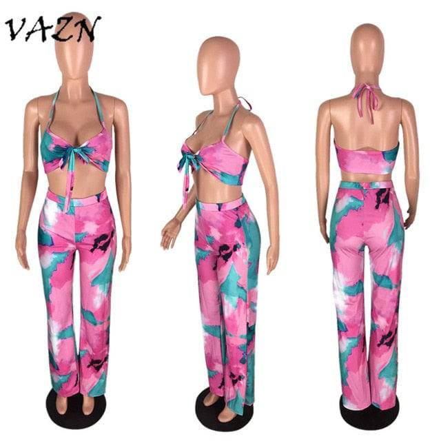 Conjunto de 2 piezas estilo playa sexy para mujer, estampado, cuello halter, sin tirantes, pantalón largo, conjunto ajustado