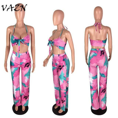 Conjunto de 2 piezas estilo playa sexy para mujer, estampado, cuello halter, sin tirantes, pantalón largo, conjunto ajustado