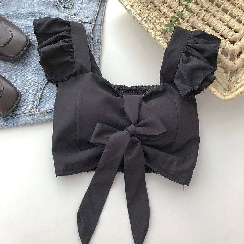 Small Fresh and Sweet Top Design Sense, Female Niche Ruffle Edge Suspender Slim Fitting Short Versatile Vacation Shirt - Hot fashionista