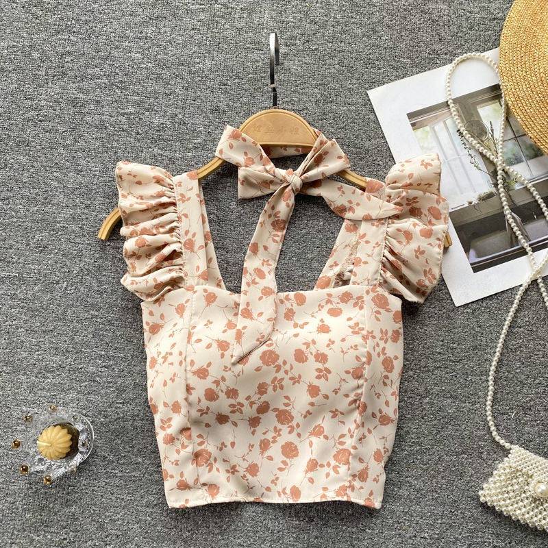 Small Fresh and Sweet Top Design Sense, Female Niche Ruffle Edge Suspender Slim Fitting Short Versatile Vacation Shirt