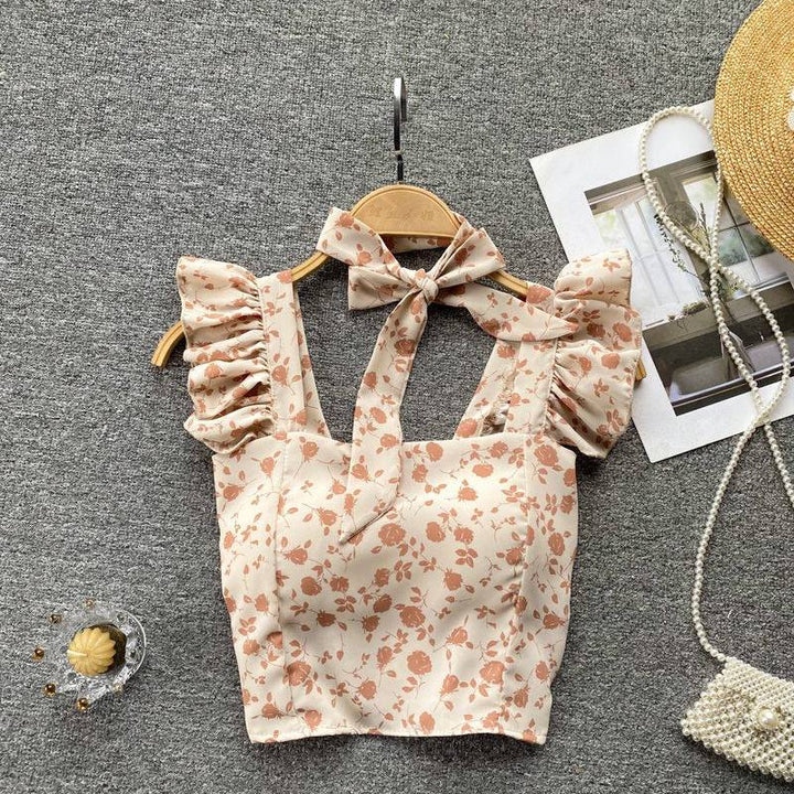 Small Fresh and Sweet Top Design Sense, Female Niche Ruffle Edge Suspender Slim Fitting Short Versatile Vacation Shirt - Hot fashionista