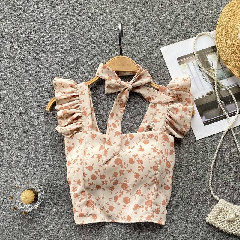 Small Fresh and Sweet Top Design Sense, Female Niche Ruffle Edge Suspender Slim Fitting Short Versatile Vacation Shirt