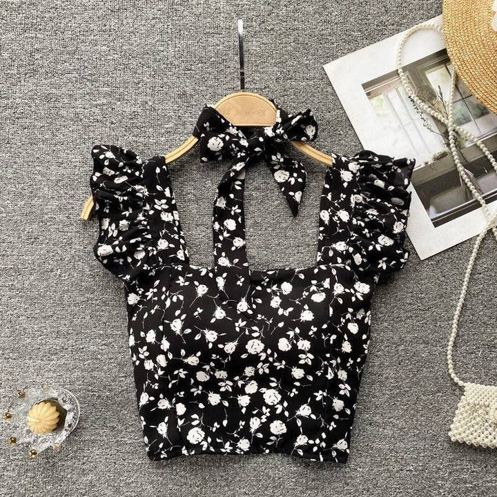 Small Fresh and Sweet Top Design Sense, Female Niche Ruffle Edge Suspender Slim Fitting Short Versatile Vacation Shirt - Hot fashionista