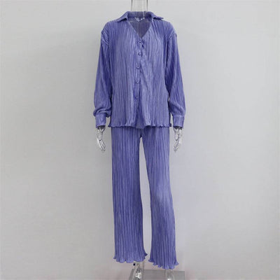 Fashion Suit Women's New Pleated Long-Sleeved V-Neck Shirt Casual Pants Two-Piece Set