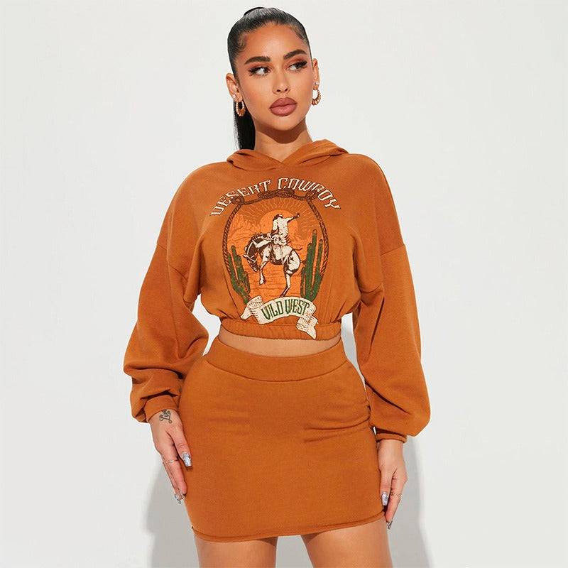 sweatshirt printed hooded skirt set - Hot fashionista