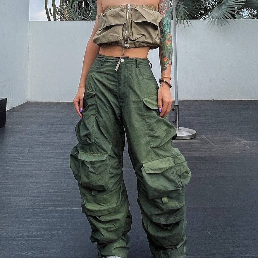 Cambrie High Waist Patchwork Pockets Cargo Pants