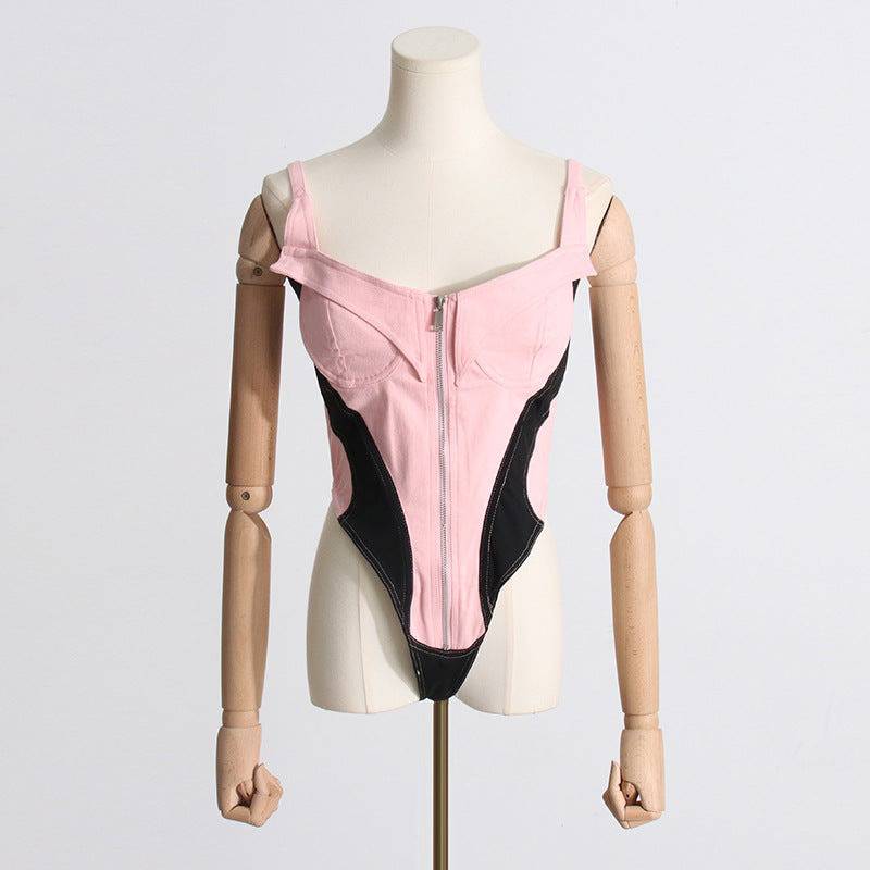 Patchwork Zipper Playsuits For Women Square Collar Sleeveless High Waist Sexy Bodycon Summer Playsuit Female - Hot fashionista