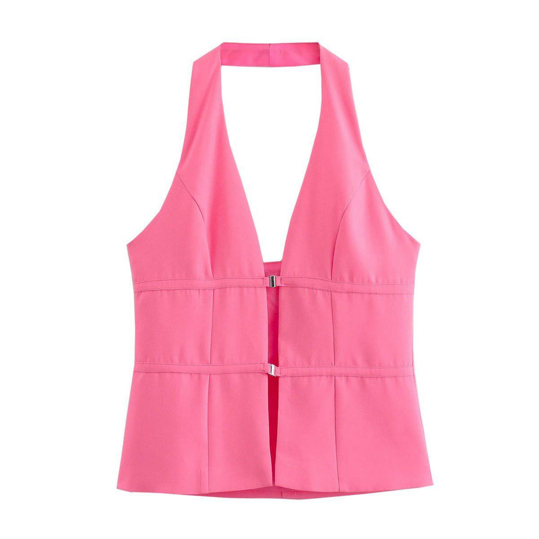 rahma V-neck backless Versatile sleeveless buckle vest top - Hot fashionista