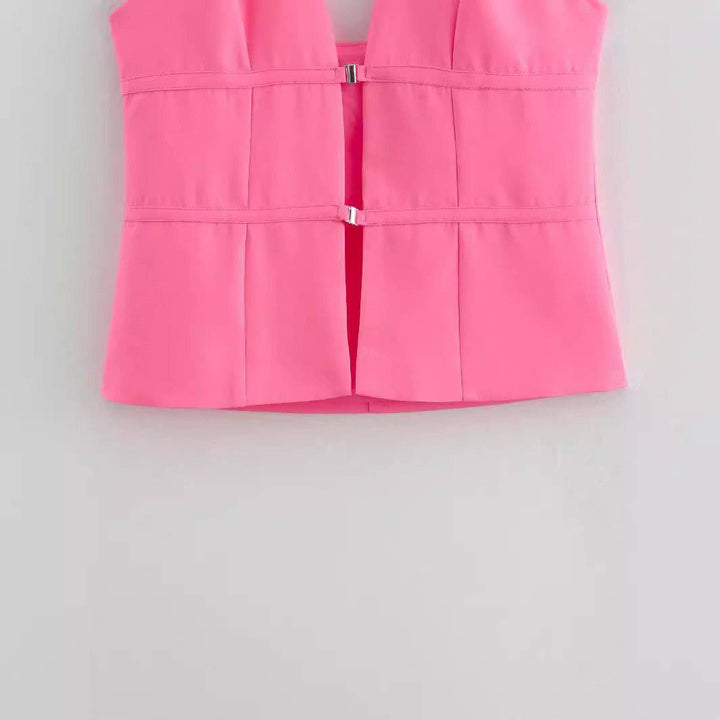 rahma V-neck backless Versatile sleeveless buckle vest top - Hot fashionista