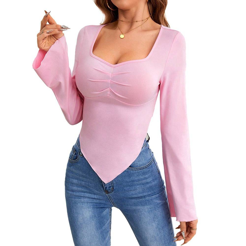 Slim fit hem irregular chicken heart neck knitted long sleeved T-shirt top - Hot fashionista