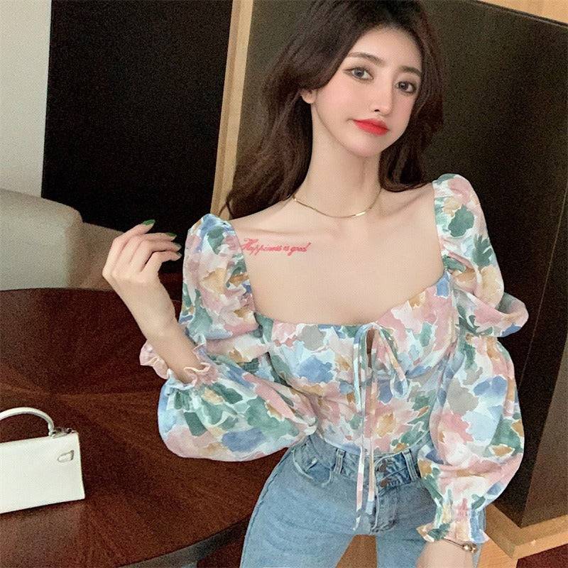 Careful Machine Short Print Off Shoulder Open Collar Top Bow Tie Small Shirt Womens Wear - Hot fashionista