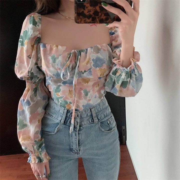 Careful Machine Short Print Off Shoulder Open Collar Top Bow Tie Small Shirt Womens Wear - Hot fashionista