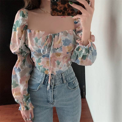 Careful Machine Short Print Off Shoulder Open Collar Top Bow Tie Small Shirt Womens Wear