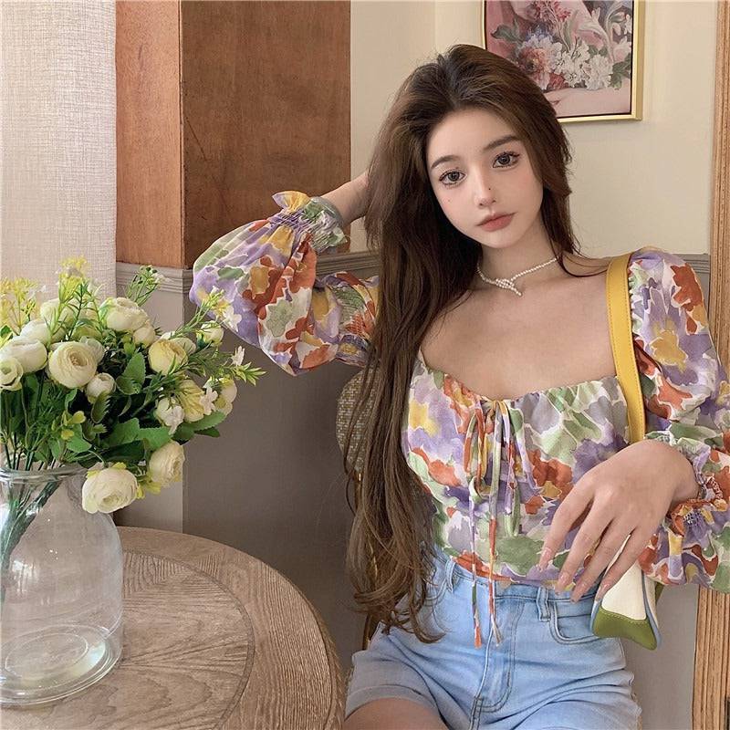 Careful Machine Short Print Off Shoulder Open Collar Top Bow Tie Small Shirt Womens Wear - Hot fashionista