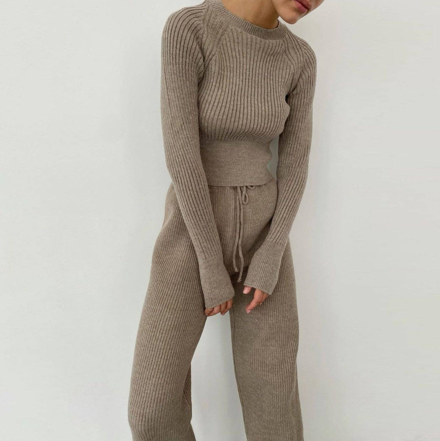 Cryptographic Casual Fashion Knitted Top and Pant Two Piece Set Loungewear Women Matching Set