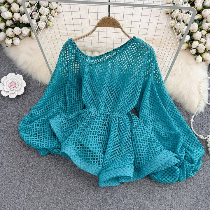 Sexy Oblique Shoulder Single-Sided Strapless Openwork See-Through Waist Ruffle Hem Chiffon Shirt Female Lantern Sleeve Short Top - Hot fashionista