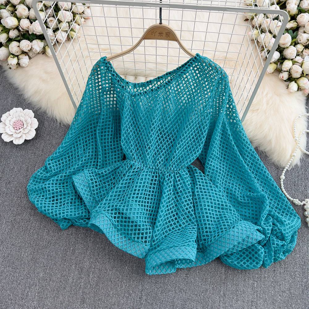 Sexy Oblique Shoulder Single-Sided Strapless Openwork See-Through Waist Ruffle Hem Chiffon Shirt Female Lantern Sleeve Short Top