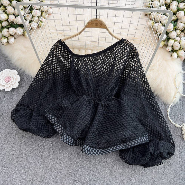 Sexy Oblique Shoulder Single-Sided Strapless Openwork See-Through Waist Ruffle Hem Chiffon Shirt Female Lantern Sleeve Short Top - Hot fashionista