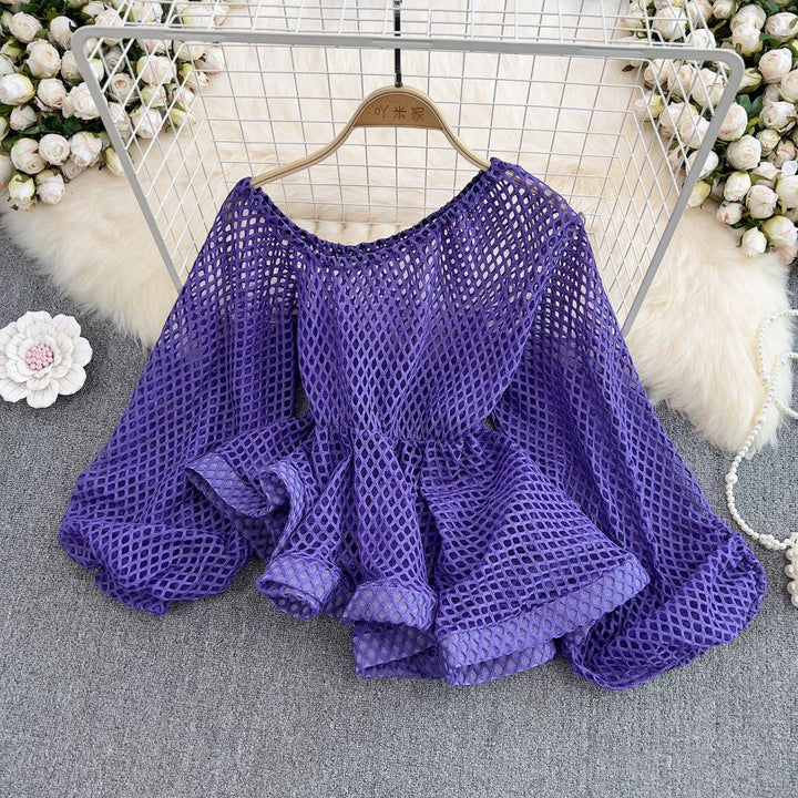 Sexy Oblique Shoulder Single-Sided Strapless Openwork See-Through Waist Ruffle Hem Chiffon Shirt Female Lantern Sleeve Short Top - Hot fashionista