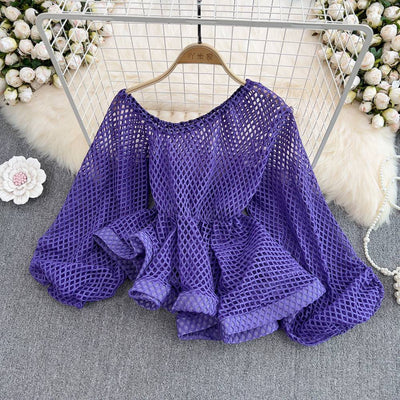 Sexy Oblique Shoulder Single-Sided Strapless Openwork See-Through Waist Ruffle Hem Chiffon Shirt Female Lantern Sleeve Short Top