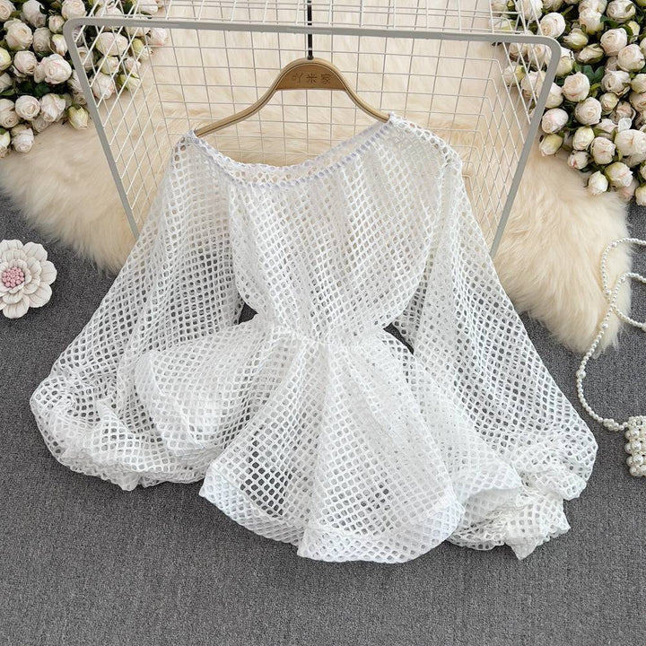 Sexy Oblique Shoulder Single-Sided Strapless Openwork See-Through Waist Ruffle Hem Chiffon Shirt Female Lantern Sleeve Short Top - Hot fashionista