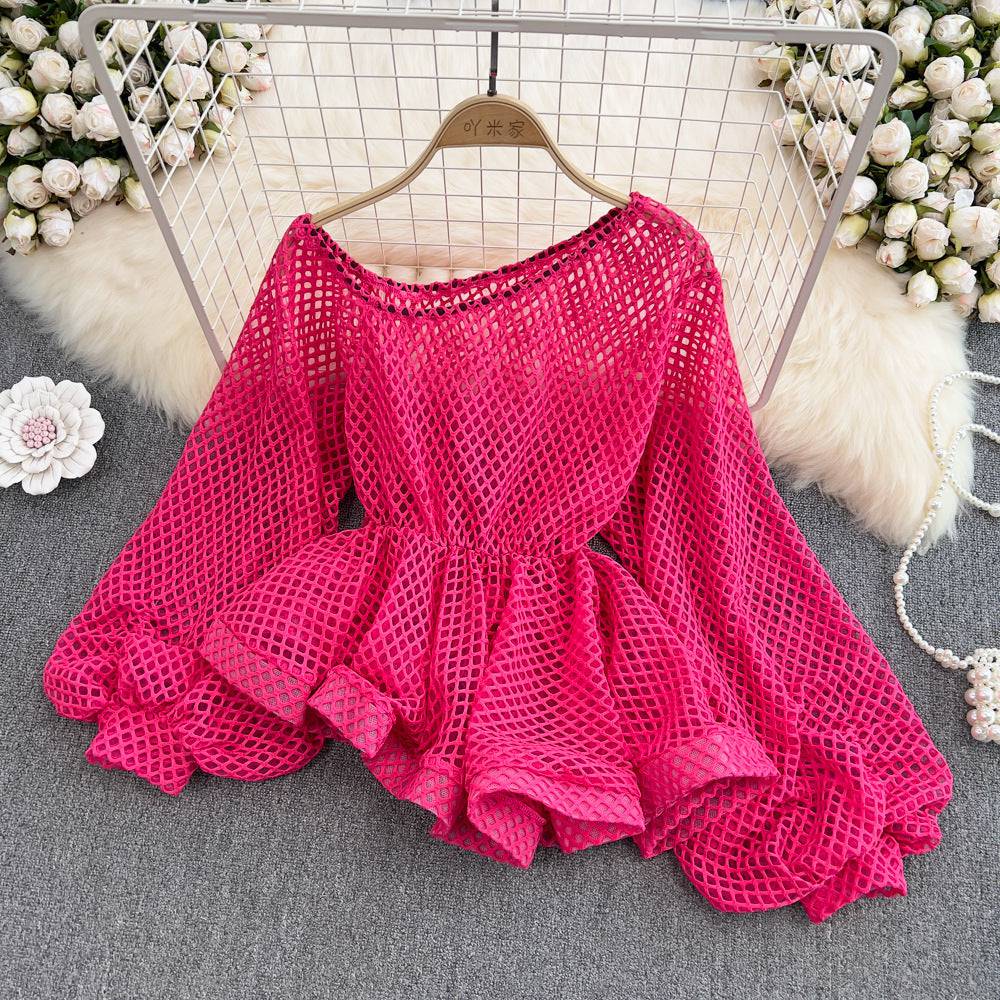 Sexy Oblique Shoulder Single-Sided Strapless Openwork See-Through Waist Ruffle Hem Chiffon Shirt Female Lantern Sleeve Short Top - Hot fashionista