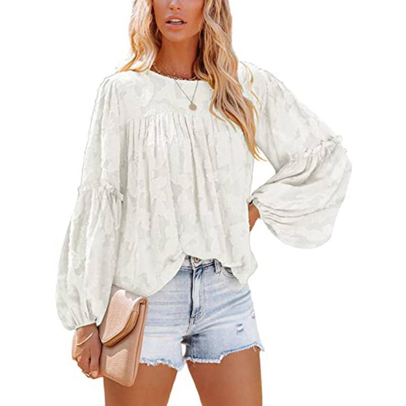 Andrea Flared Sleeve Round Neck Jacquard Chiffon Top - Hot fashionista