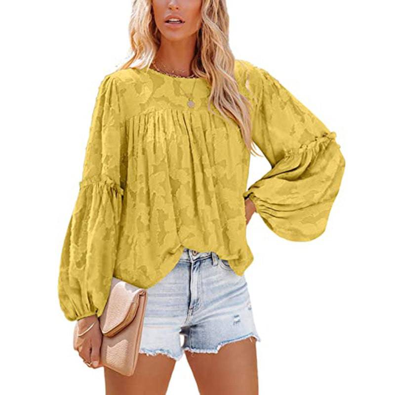 Andrea Flared Sleeve Round Neck Jacquard Chiffon Top