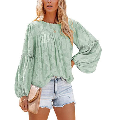 Andrea Flared Sleeve Round Neck Jacquard Chiffon Top