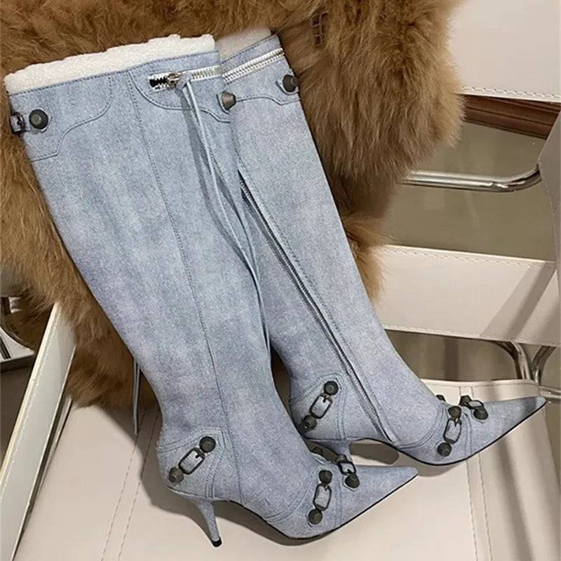 Metal Rivet High Knee Boots Pointed Toe Thin Heels - Hot fashionista