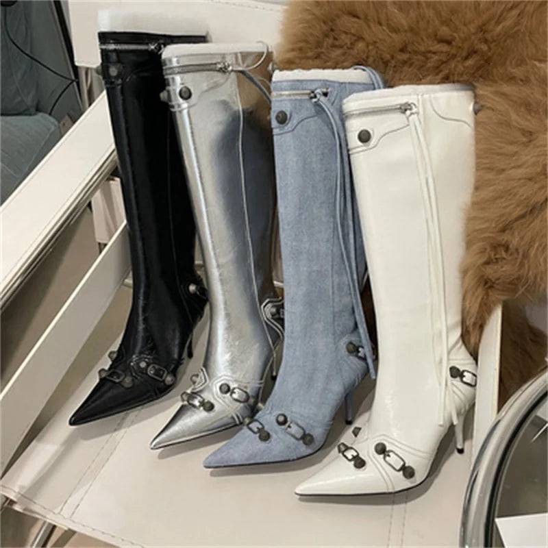 Metal Rivet High Knee Boots Pointed Toe Thin Heels - Hot fashionista