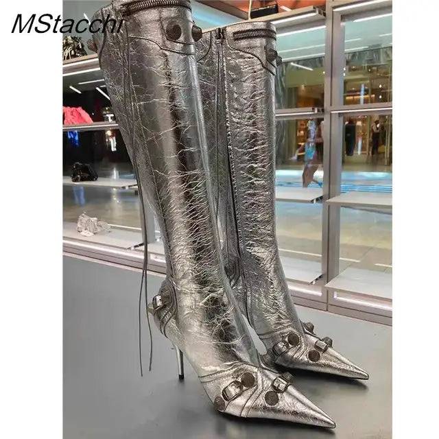 Metal Rivet High Knee Boots Pointed Toe Thin Heels - Hot fashionista