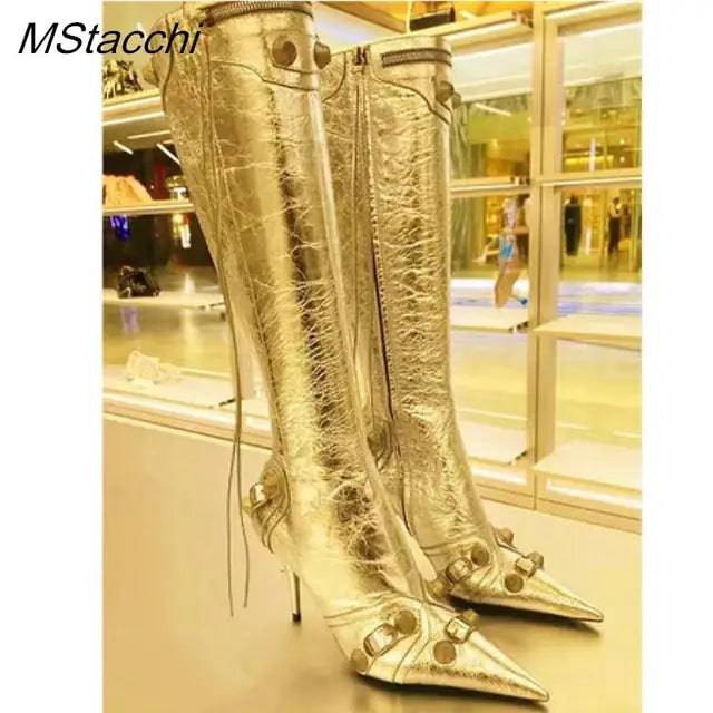 Metal Rivet High Knee Boots Pointed Toe Thin Heels - Hot fashionista